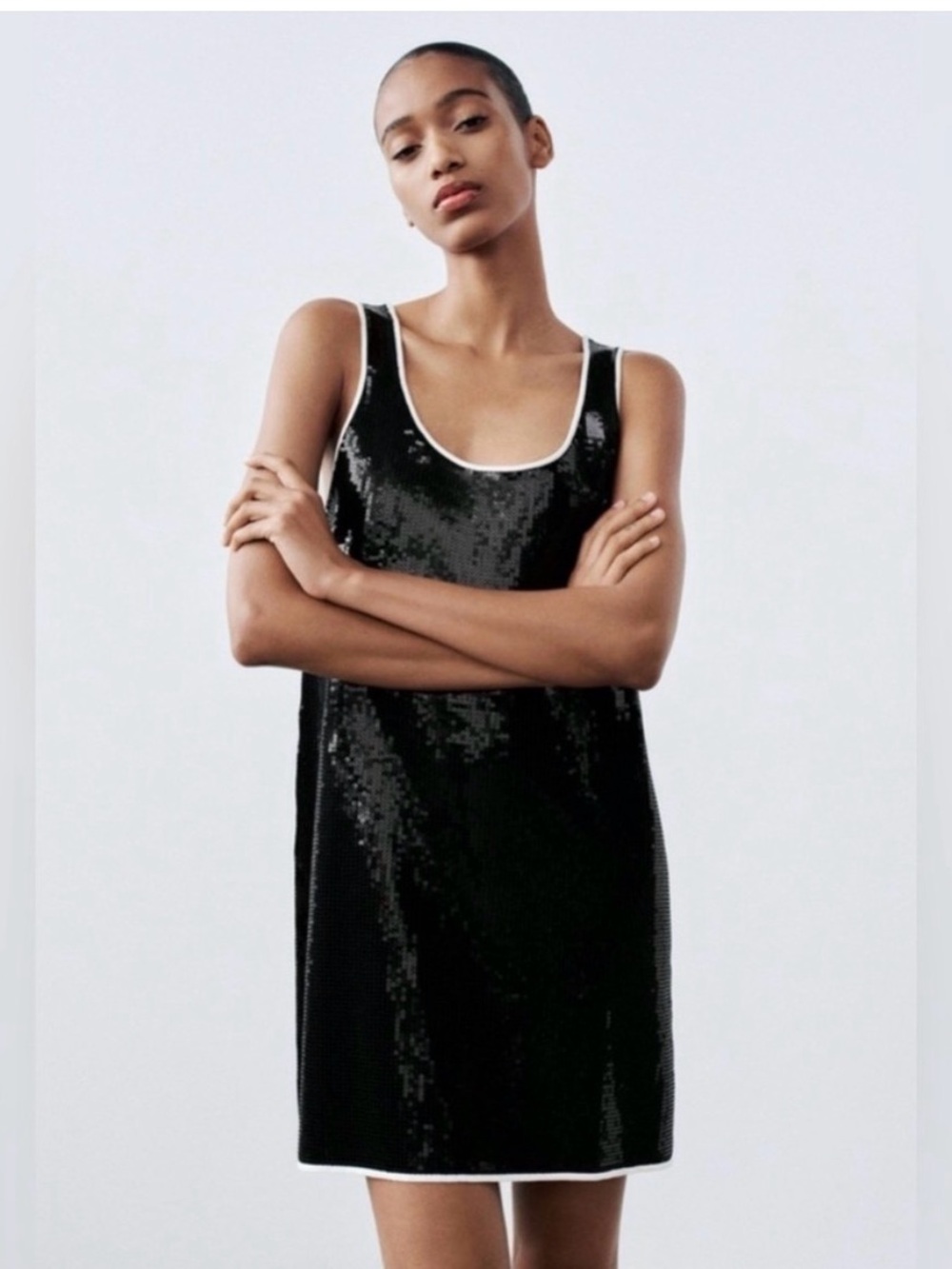 Zara Black Sequin Tank Slip Dress with White Trim